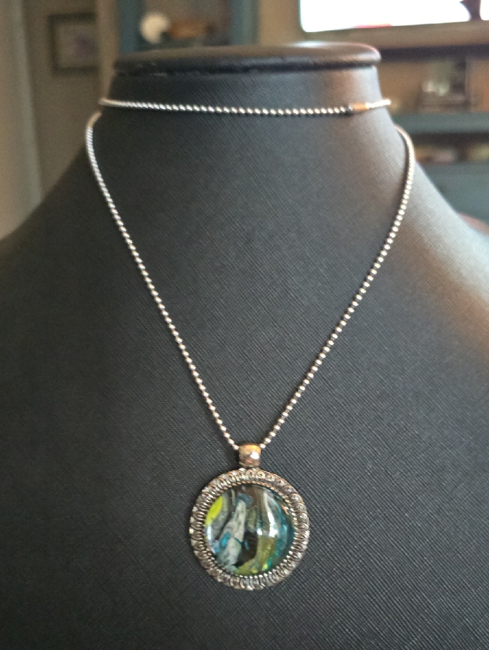 Handmade Silver-Tone Glass Pendant Necklace with Green Accents